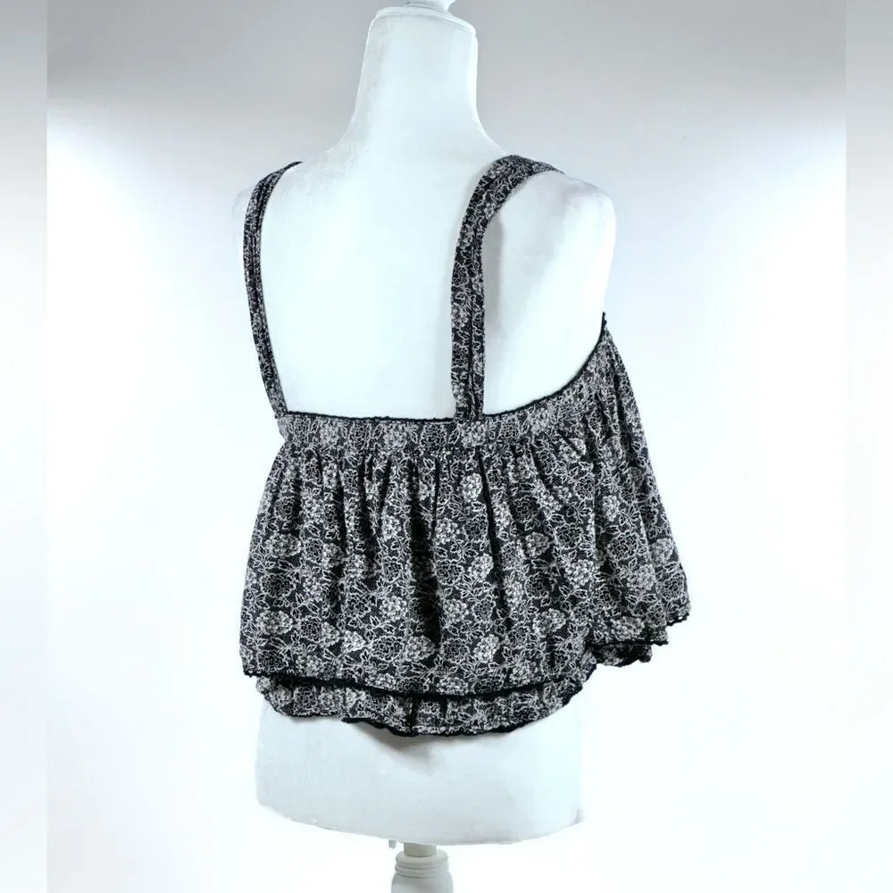 Free people black and white floral bottom front tiered tank top S